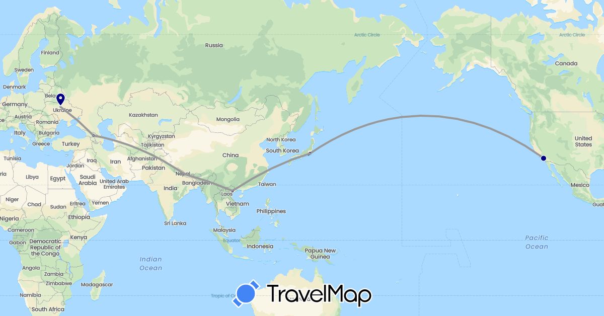 TravelMap itinerary: driving, plane, cycling in Georgia, Japan, Nepal, Ukraine, United States, Vietnam (Asia, Europe, North America)